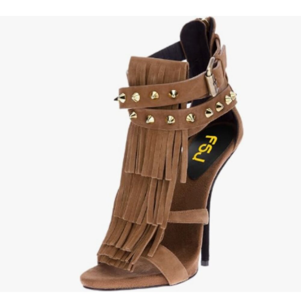FSJ Brown Tassels Gladiator Open Toe Stiletto High Heel Fringed Rivets Sandals - Picture 1 of 8